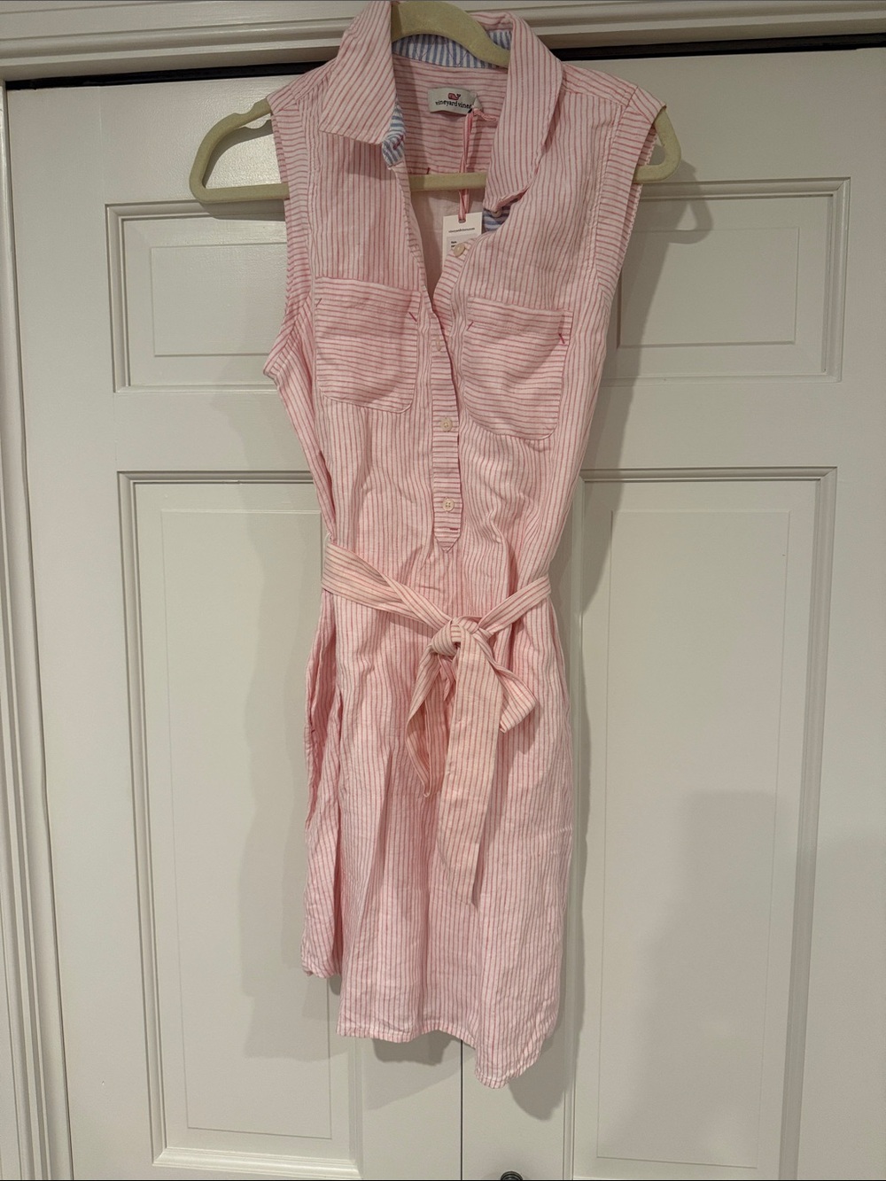Vineyard Vines Pink and White Striped Sleeveless Shirt Dress with Tie